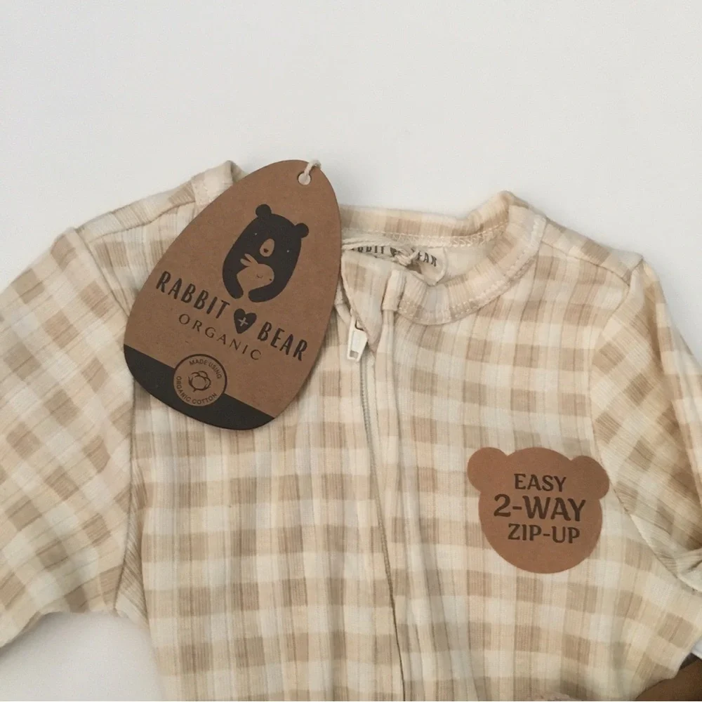 Baby Organic Cotton Gingham Zip-Up Footed Sleeper & Lovey Giraffe Soft Toy 6/9M